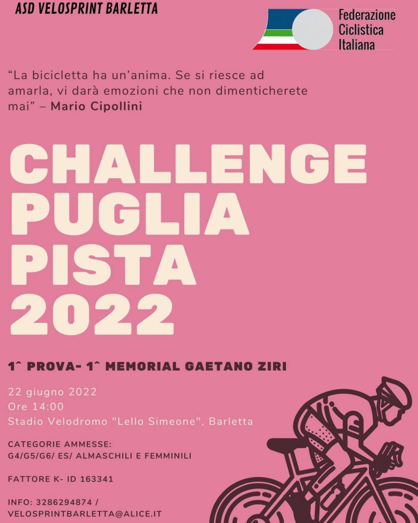 Ciclismo: il Challenge Puglia Pista parte da Barletta il 22 giugno con il Memorial Gaetano Ziri